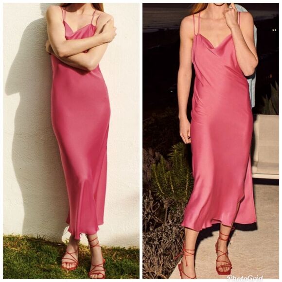 ZARA SATIN CAMISOLE MAXI SLIP DRESS NEON FUCHSIA PINK CRISSCROSS STRAPS - Picture 1 of 9